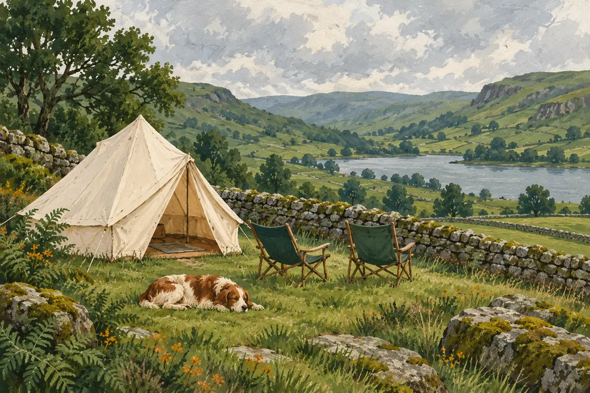 A cream bell tent and two camp chairs on a grassy hillside above a lake, with a dog resting in the grass under a cloudy sky