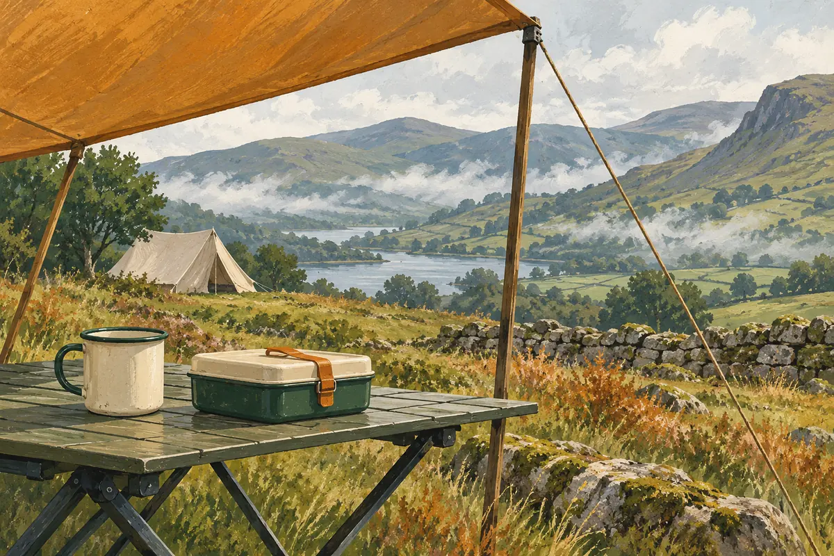 An outdoor camp table under an open-sided shelter, with an enamel mug and a food box, looking out over a misty valley