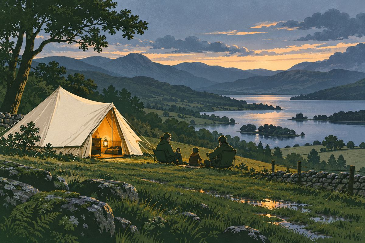 A family campsite beside a lake in the hills