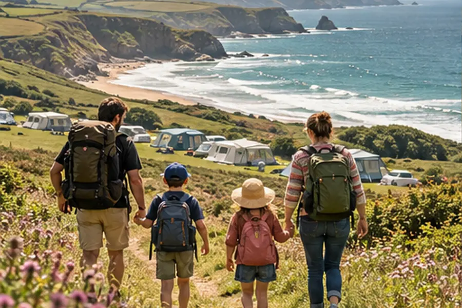 A family walking along a coastal camping route