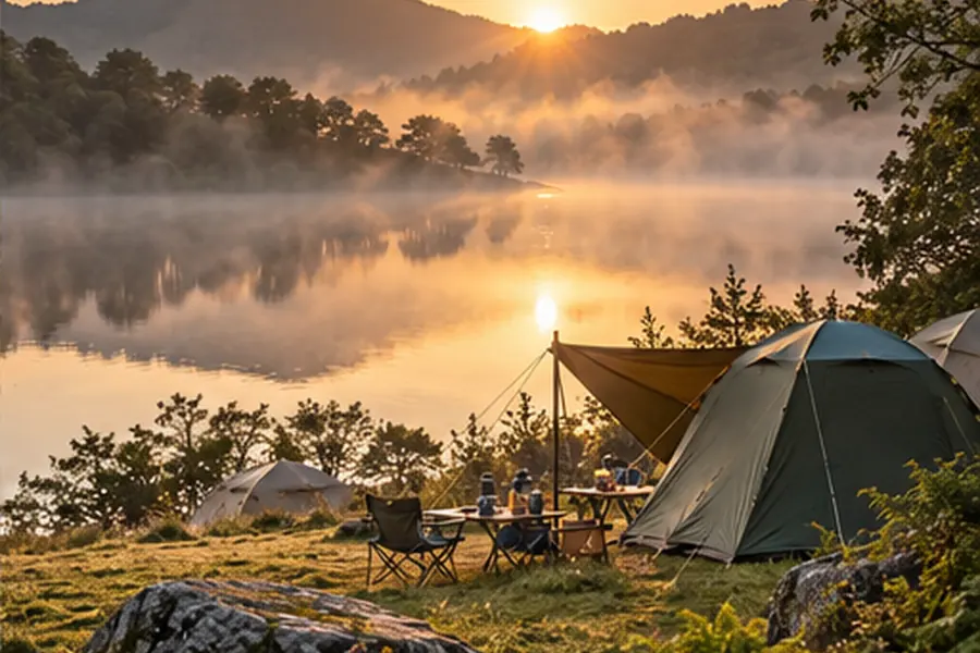 A quiet campsite beside a lake at dawn