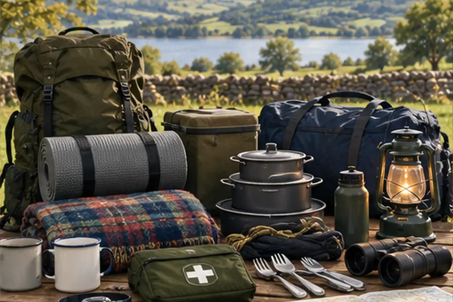 Camping kit packed and arranged on a table