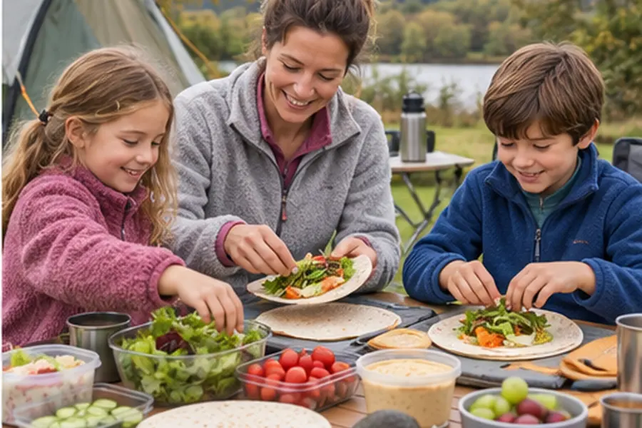 A simple no-cook picnic meal prepared at a campsite