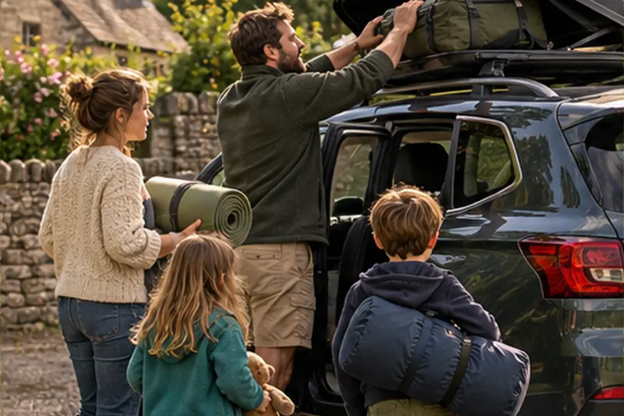 A family loading camping kit into a car roof box