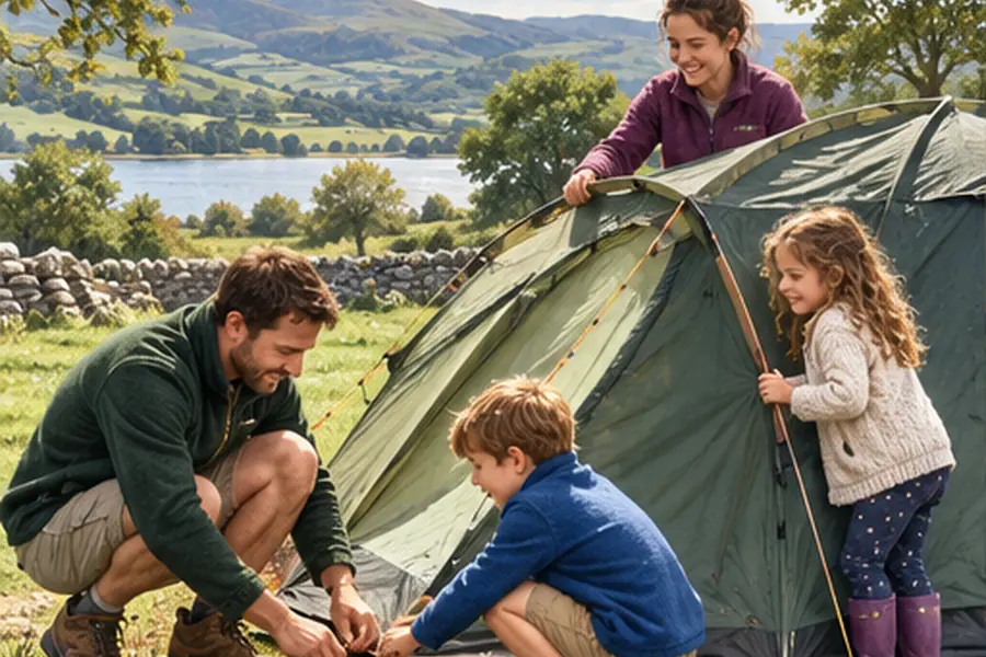 A family pitching a tent on a grassy campsite