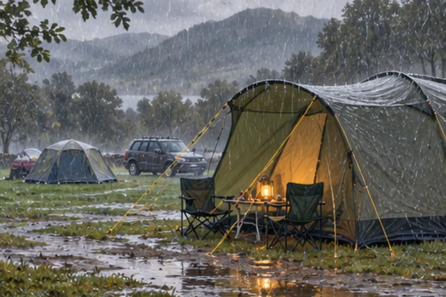 A tent and campsite in rainy weather