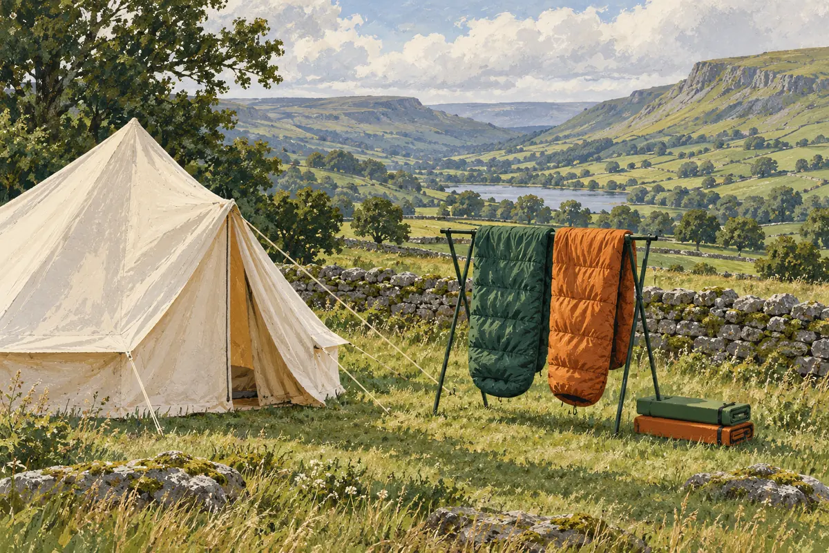 Two sleeping bags airing on a drying rack beside a cream bell tent, with sleeping mats packed on the grass