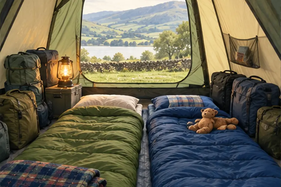 Sleeping bags and mats arranged inside a tent