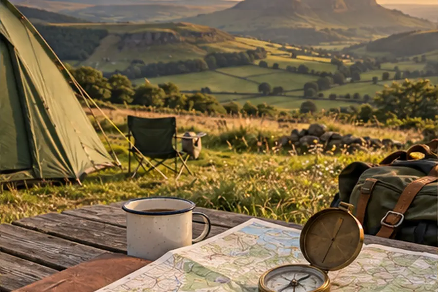 A map and compass laid out for planning a camping trip