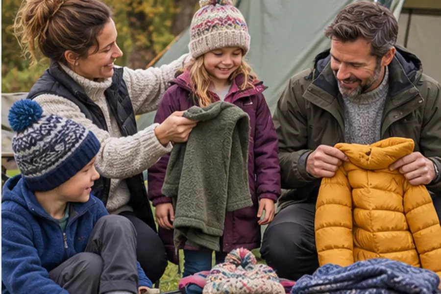A family choosing warm layers for a camping trip