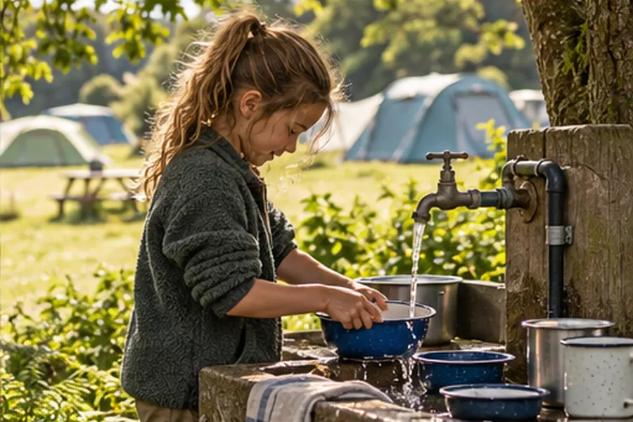 Washing camping dishes at an outdoor campsite tap