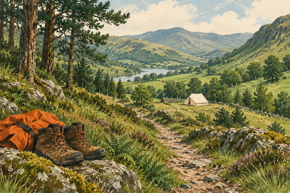 Walking boots and an orange jacket on a rock beside a path that leads down to a tent in a green valley
